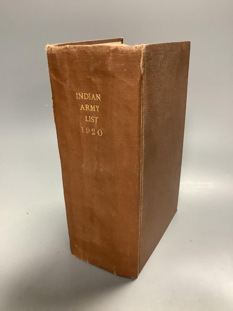 Indian Army – The Quarterly Indian Army List, January 1920 … contemp. gilt-lettered binder’s cloth, preserving upper printed wrapper, thick roy. 8vo.